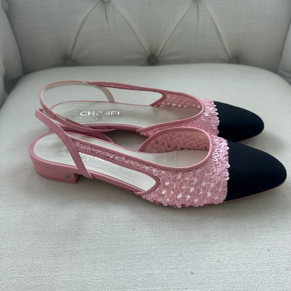 CHANEL Slingbacks Pink/Black Sequin Sofia Richie 23C With Box - Picture 1 of 15